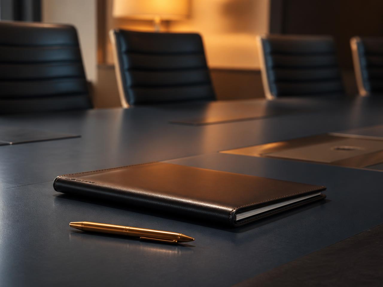 A prepared boardroom table before a meeting